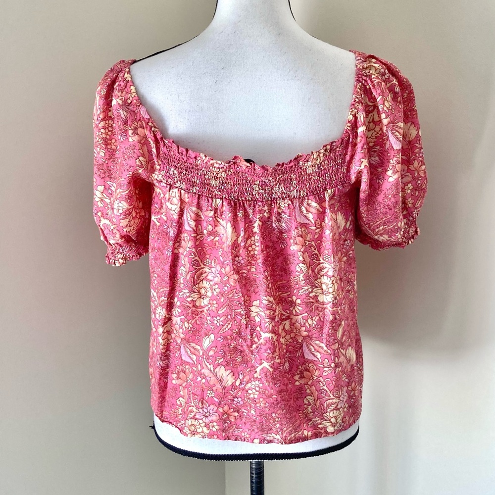 J Crew Floral Square Neck Smocked Top in Pink and Cream Size M - Picture 6 of 7